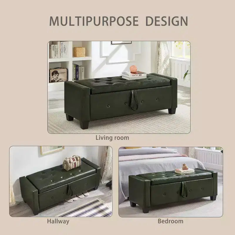 Banc de rangement moderne avec ottomane rembourrée en similicuir capitonné, banc d'entrée avec rangement, banc de bout de lit à plateau rabattable pour salon