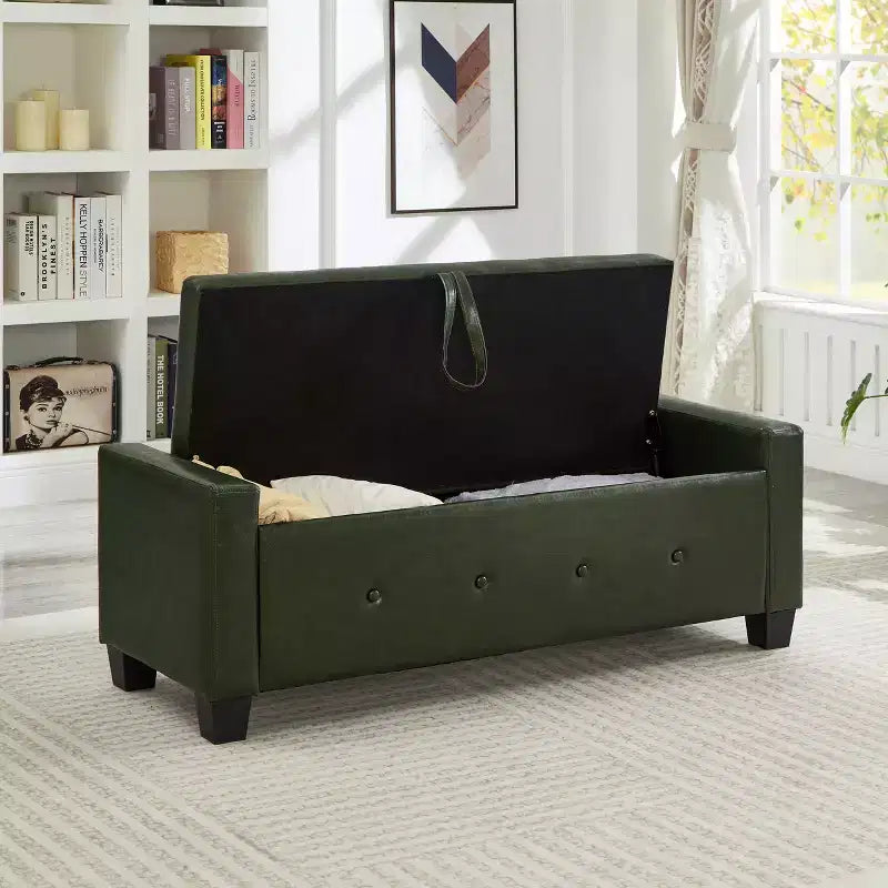 Banc de rangement moderne avec ottomane rembourrée en similicuir capitonné, banc d'entrée avec rangement, banc de bout de lit à plateau rabattable pour salon