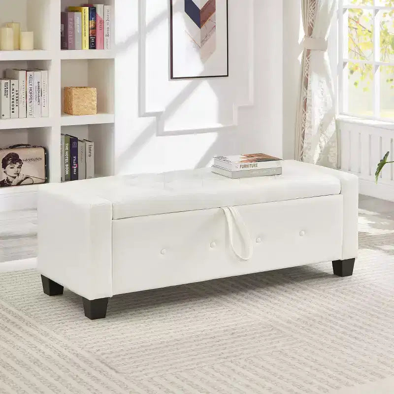 Banc de rangement moderne avec ottomane rembourrée en similicuir capitonné, banc d'entrée avec rangement, banc de bout de lit à plateau rabattable pour salon