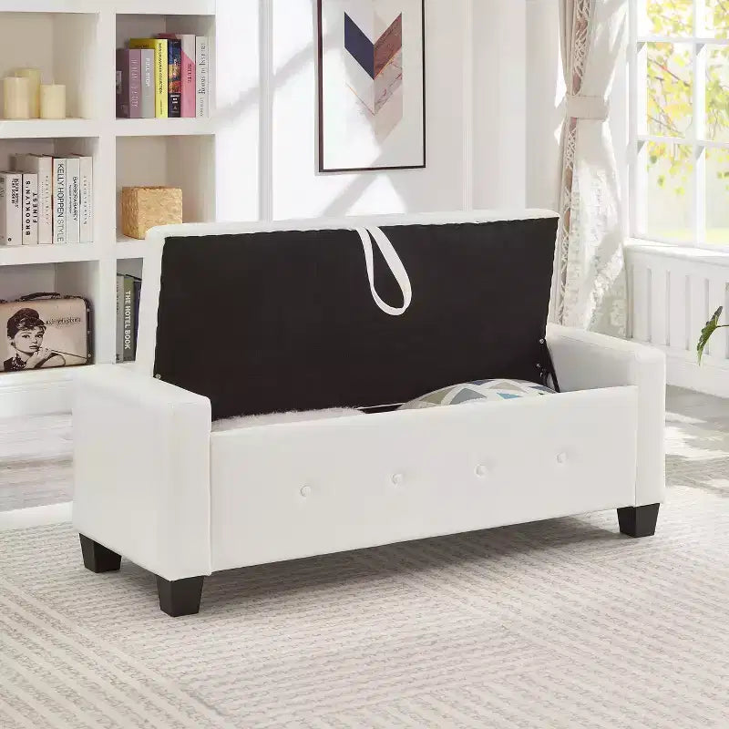 Banc de rangement moderne avec ottomane rembourrée en similicuir capitonné, banc d'entrée avec rangement, banc de bout de lit à plateau rabattable pour salon