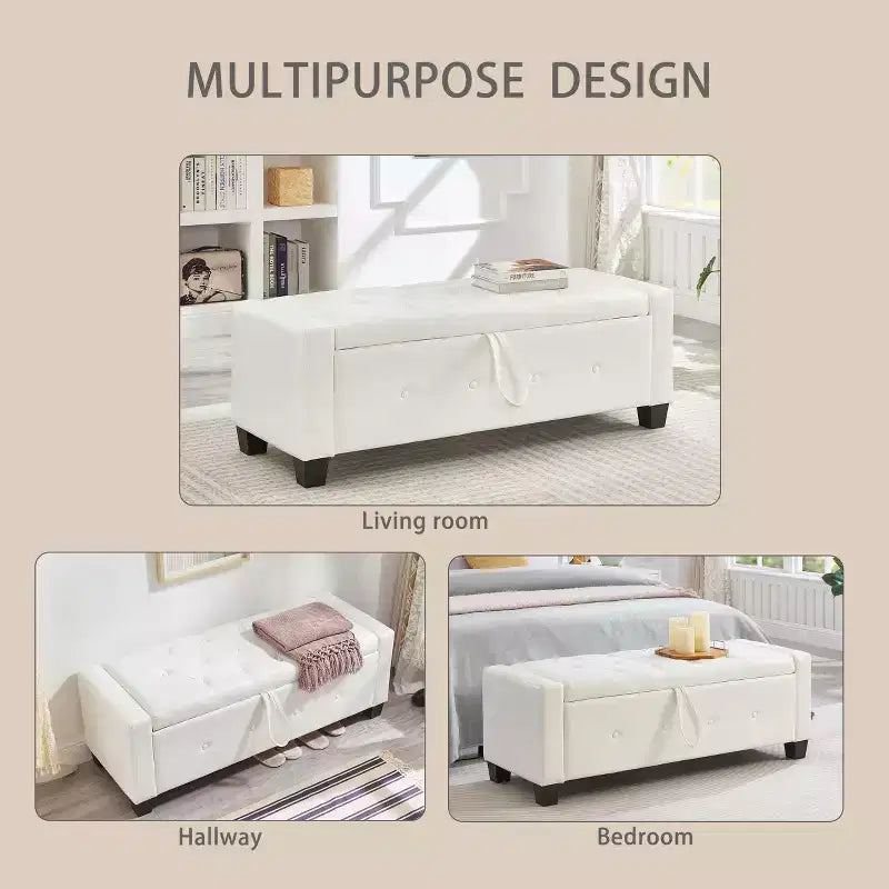 Banc de rangement moderne avec ottomane rembourrée en similicuir capitonné, banc d'entrée avec rangement, banc de bout de lit à plateau rabattable pour salon