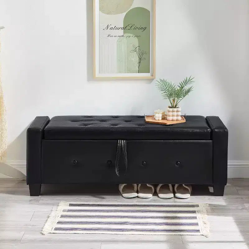 Banc de rangement moderne avec ottomane rembourrée en similicuir capitonné, banc d'entrée avec rangement, banc de bout de lit à plateau rabattable pour salon