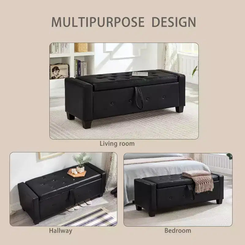 Banc de rangement moderne avec ottomane rembourrée en similicuir capitonné, banc d'entrée avec rangement, banc de bout de lit à plateau rabattable pour salon