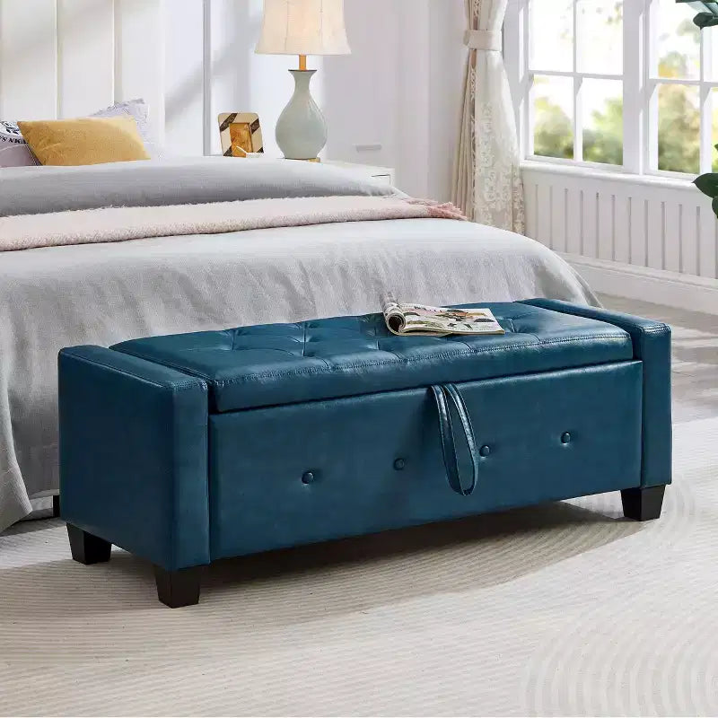 Banc de rangement moderne avec ottomane rembourrée en similicuir capitonné, banc d'entrée avec rangement, banc de bout de lit à plateau rabattable pour salon