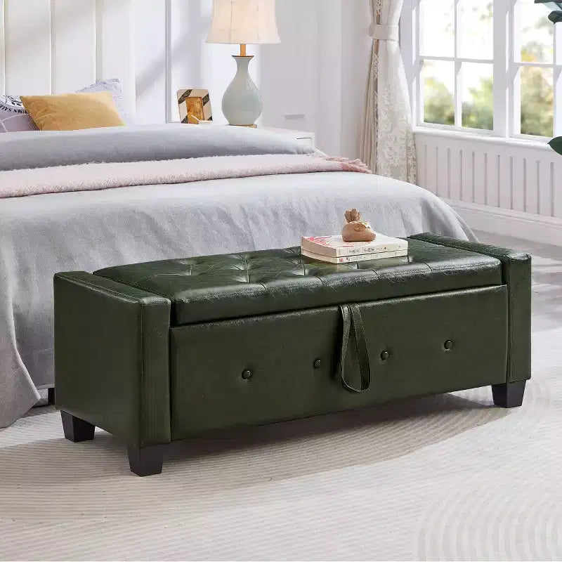 Banc de rangement moderne avec ottomane rembourrée en similicuir capitonné, banc d'entrée avec rangement, banc de bout de lit à plateau rabattable pour salon