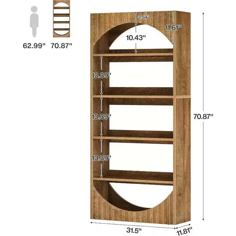 Étagère haute à 5 niveaux de 70,8 po, Bibliothèque en bois de style ferme avec dessus arqué cannelé pour le salon et le bureau à domicile
