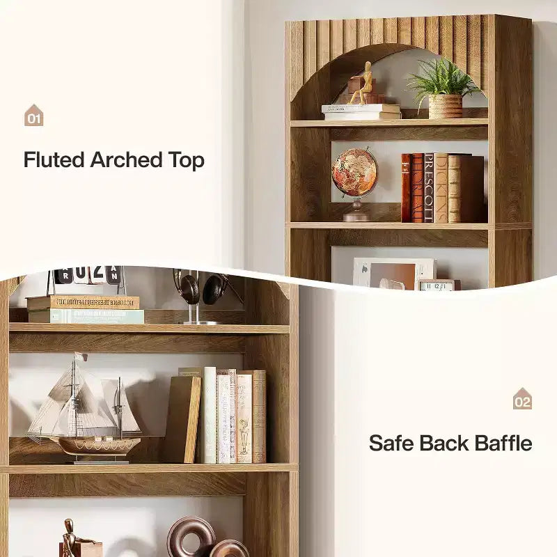 Étagère haute à 5 niveaux de 70,8 po, Bibliothèque en bois de style ferme avec dessus arqué cannelé pour le salon et le bureau à domicile