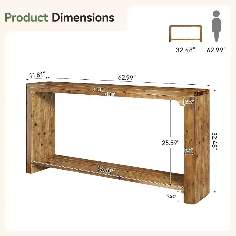 Console en bois massif de 63 pouces, 2 niveaux de rangement style ferme pour salon, entrée, hall, derrière le canapé, marron rustique