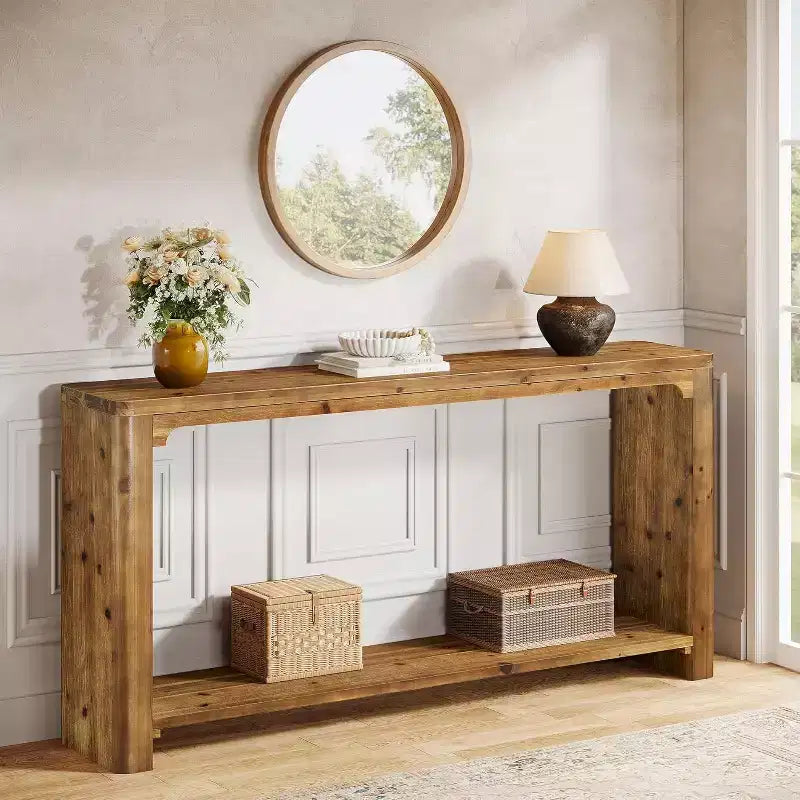 Console en bois massif de 63 pouces, 2 niveaux de rangement style ferme pour salon, entrée, hall, derrière le canapé, marron rustique