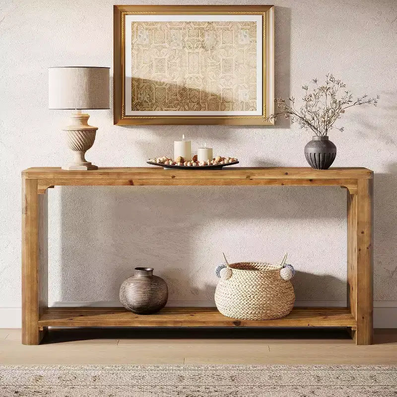 Console en bois massif de 63 pouces, 2 niveaux de rangement style ferme pour salon, entrée, hall, derrière le canapé, marron rustique