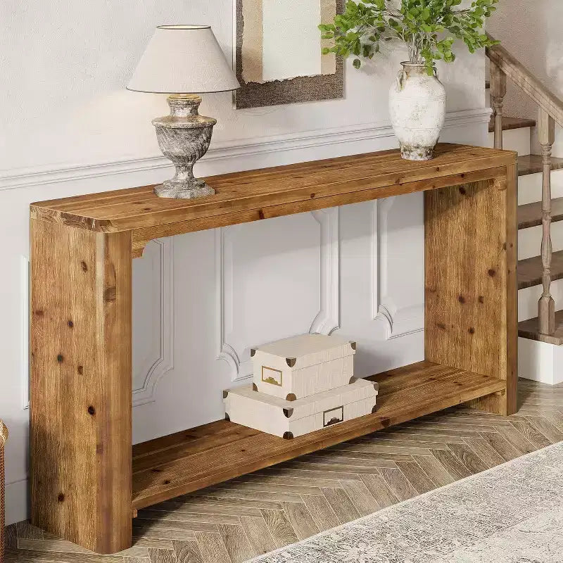 Console en bois massif de 63 pouces, 2 niveaux de rangement style ferme pour salon, entrée, hall, derrière le canapé, marron rustique