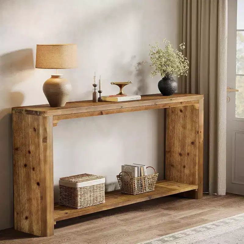 Console en bois massif de 63 pouces, 2 niveaux de rangement style ferme pour salon, entrée, hall, derrière le canapé, marron rustique