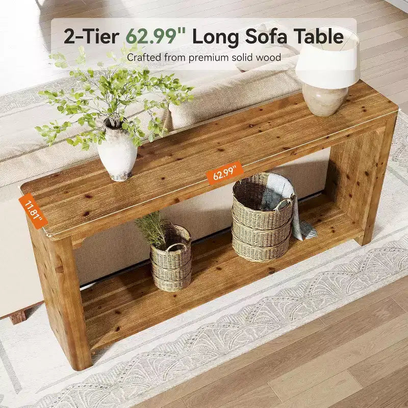 Console en bois massif de 63 pouces, 2 niveaux de rangement style ferme pour salon, entrée, hall, derrière le canapé, marron rustique