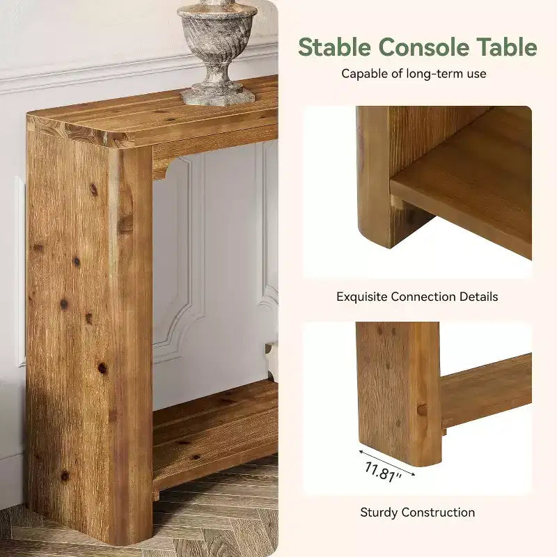 Console en bois massif de 63 pouces, 2 niveaux de rangement style ferme pour salon, entrée, hall, derrière le canapé, marron rustique