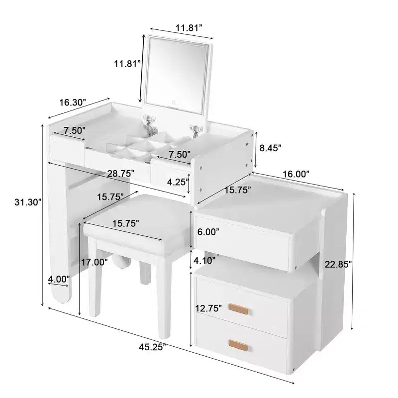 Coiffeuse 3-en-1, Table de Maquillage Multifonctionnelle Élégante avec Miroir Rabattable, Longueur Réglable et Nombreux Tiroirs
