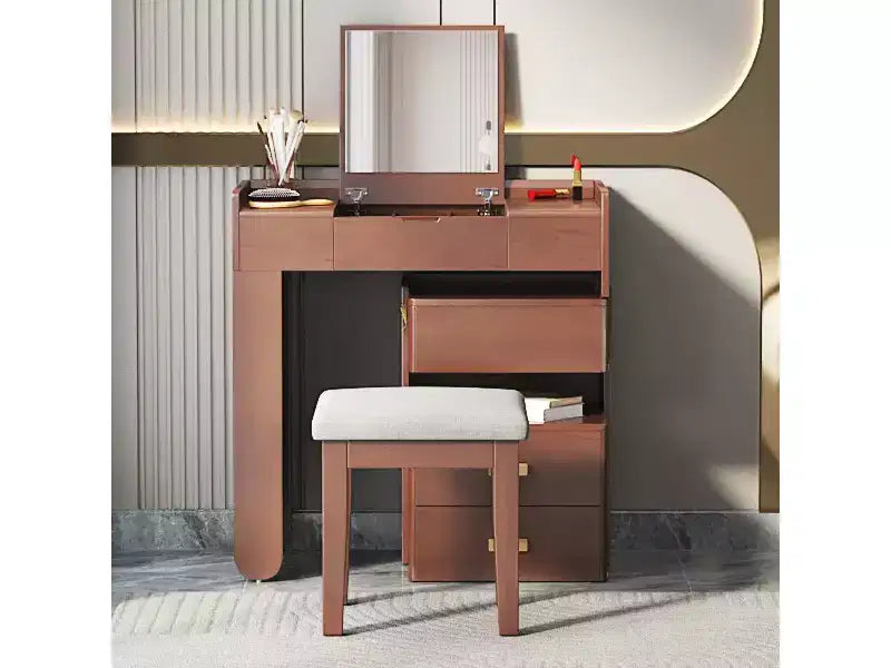 Coiffeuse 3-en-1, Table de Maquillage Multifonctionnelle Élégante avec Miroir Rabattable, Longueur Réglable et Nombreux Tiroirs