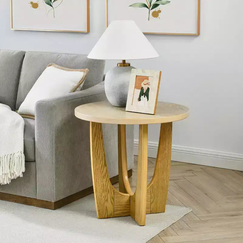 Table basse ronde de 25 po, pieds en X, table de chevet contemporaine pour petits espaces, salon, chambre, chêne