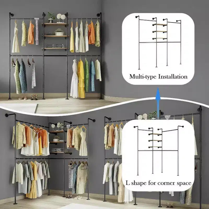 Portant à vêtements industriel avec 3 étagères et barre lumineuse LED, portemanteau 81, montage mural autoportant, organisateur de dressing, style vintage