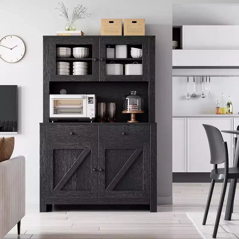 Meuble micro-ondes, matériau aggloméré, finition grain de bois noir, pour rangement de cuisine