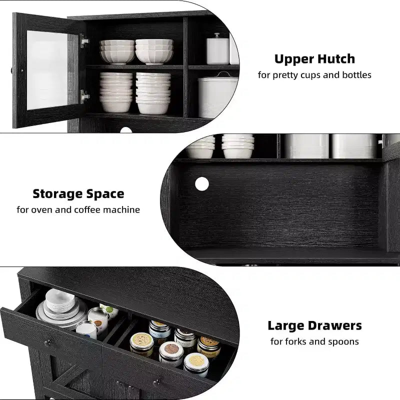 Meuble micro-ondes, matériau aggloméré, finition grain de bois noir, pour rangement de cuisine