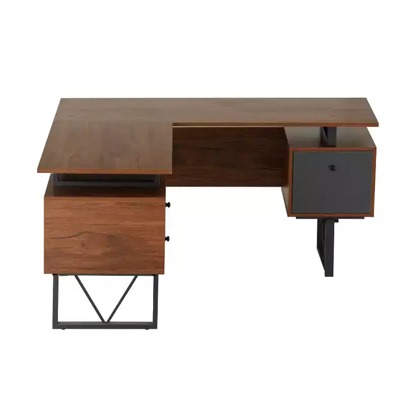 Bureau d'ordinateur réversible en L avec tiroirs et classeur en bois d'ingénierie noyer, stratifié PVC, cadre en acier