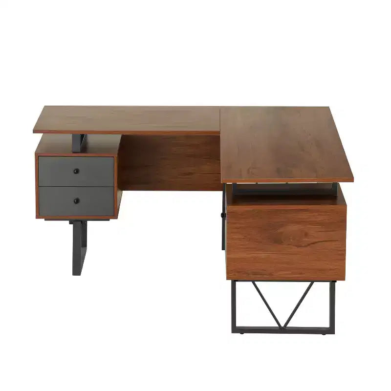 Bureau d'ordinateur réversible en L avec tiroirs et classeur en bois d'ingénierie noyer, stratifié PVC, cadre en acier