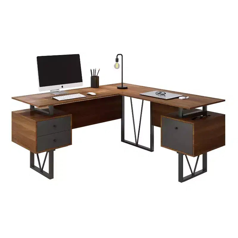 Bureau d'ordinateur réversible en L avec tiroirs et classeur en bois d'ingénierie noyer, stratifié PVC, cadre en acier