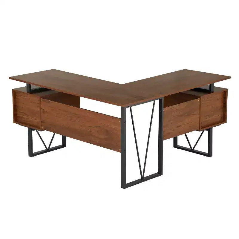 Bureau d'ordinateur réversible en L avec tiroirs et classeur en bois d'ingénierie noyer, stratifié PVC, cadre en acier