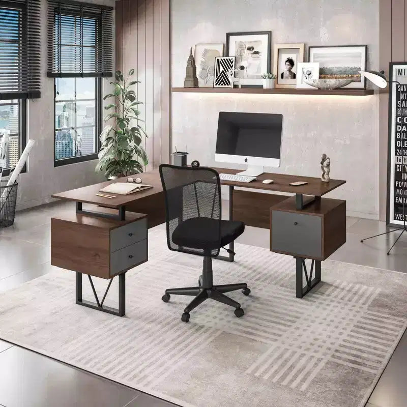Bureau d'ordinateur réversible en L avec tiroirs et classeur en bois d'ingénierie noyer, stratifié PVC, cadre en acier