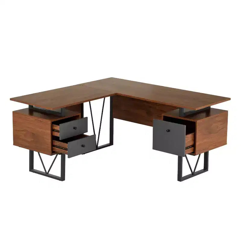 Bureau d'ordinateur réversible en L avec tiroirs et classeur en bois d'ingénierie noyer, stratifié PVC, cadre en acier
