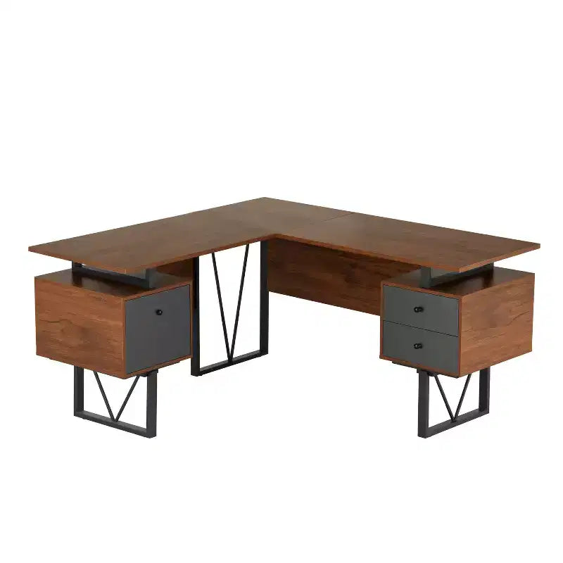 Bureau d'ordinateur réversible en L avec tiroirs et classeur en bois d'ingénierie noyer, stratifié PVC, cadre en acier