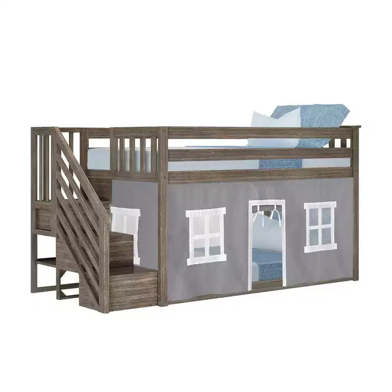 Lit mezzanine simple avec escalier et rideaux