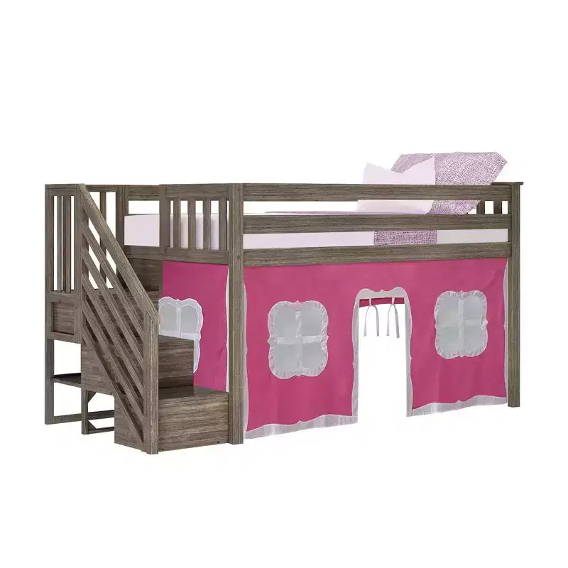 Lit mezzanine simple avec escalier et rideaux