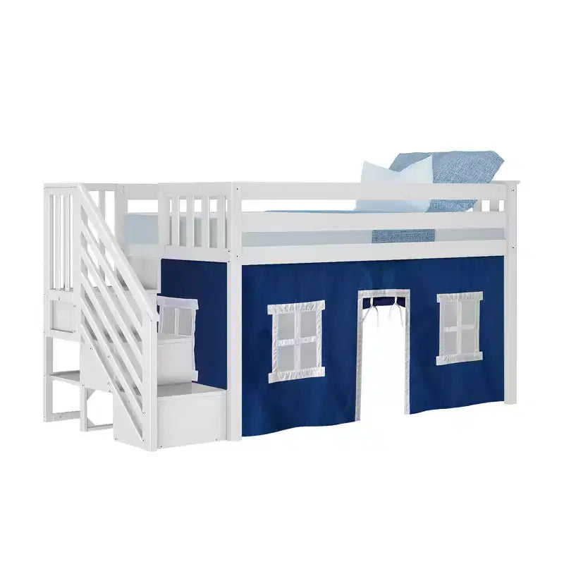 Lit mezzanine simple avec escalier et rideaux