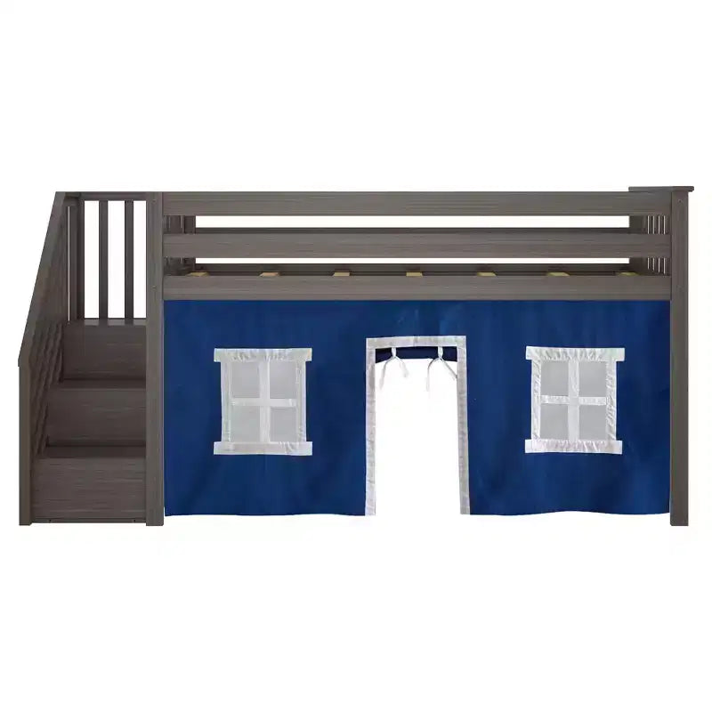 Lit mezzanine simple avec escalier et rideaux