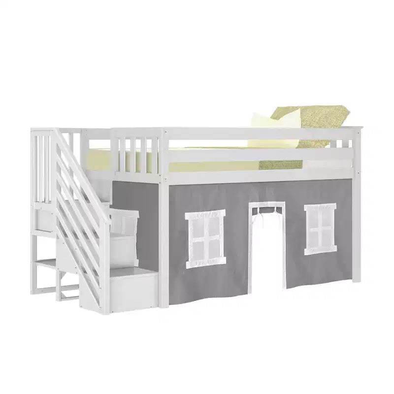 Lit mezzanine simple avec escalier et rideaux
