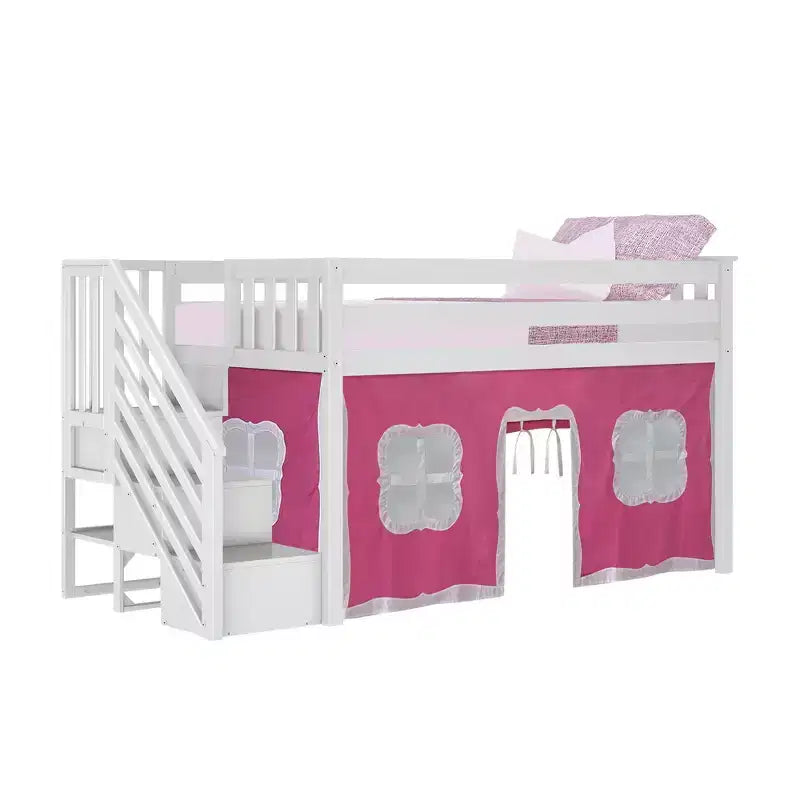 Lit mezzanine simple avec escalier et rideaux