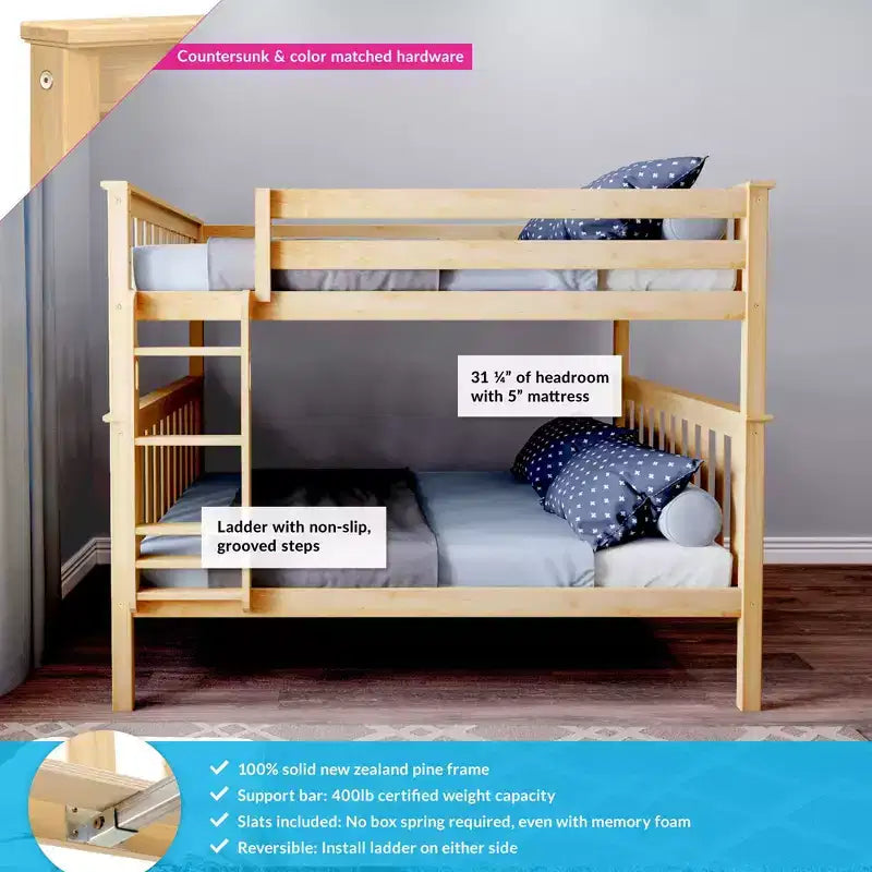 Lit superposé double pour enfants, lit plateforme en bois massif, pas besoin de sommier tapissier