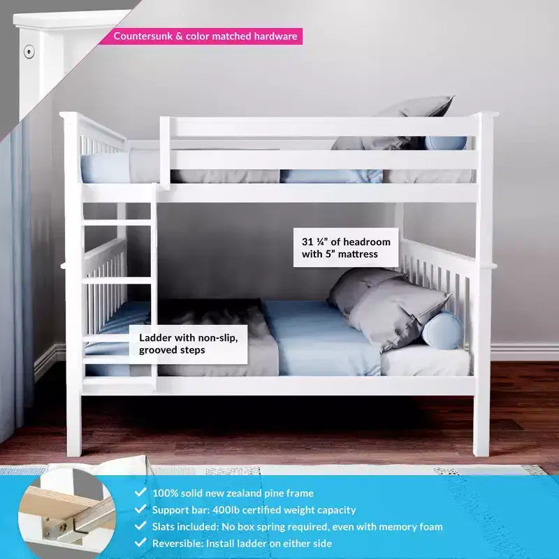 Lit superposé double pour enfants, lit plateforme en bois massif, pas besoin de sommier tapissier
