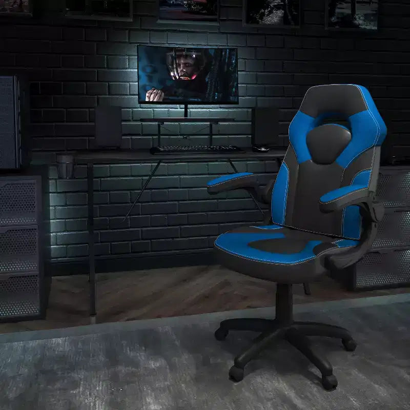 Bureau de jeu et chaise de course avec porte-gobelet, support de casque et support pour écran/smartphone