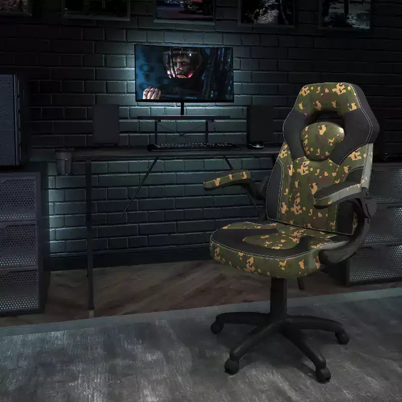 Bureau de jeu et chaise de course avec porte-gobelet, support de casque et support pour écran/smartphone