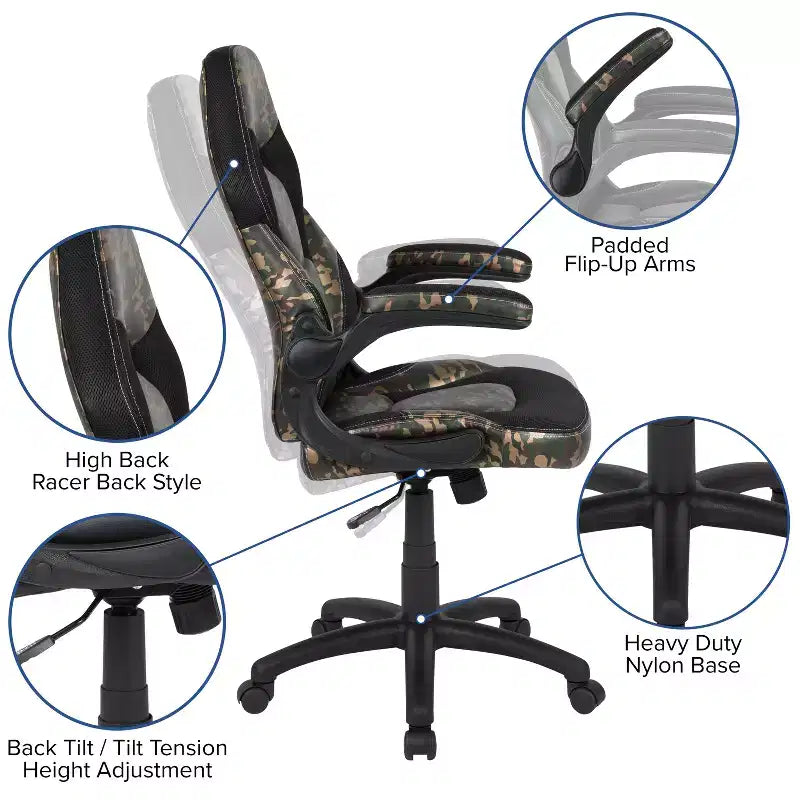 Bureau de jeu et chaise de course avec porte-gobelet, support de casque et support pour écran/smartphone