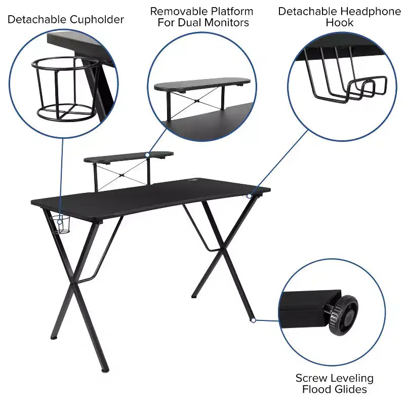 Bureau de jeu et chaise de course avec porte-gobelet, support de casque et support pour écran/smartphone