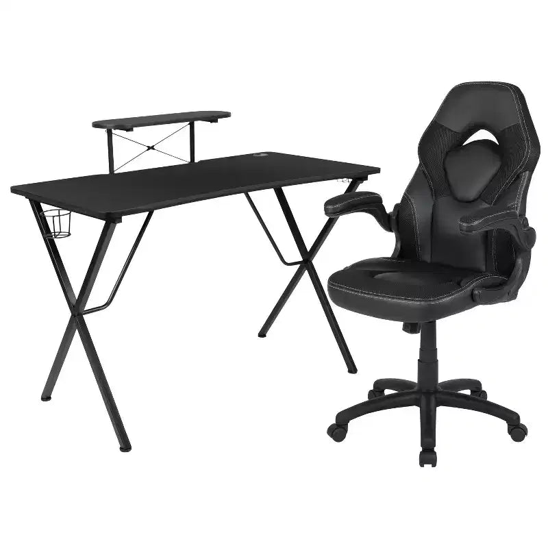 Bureau de jeu et chaise de course avec porte-gobelet, support de casque et support pour écran/smartphone