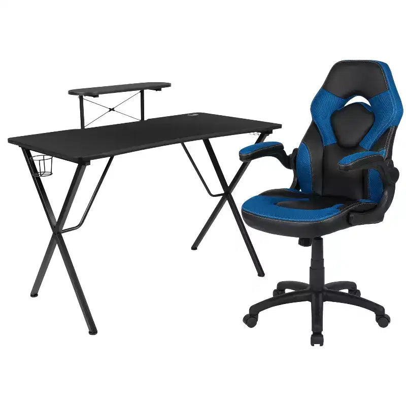 Bureau de jeu et chaise de course avec porte-gobelet, support de casque et support pour écran/smartphone