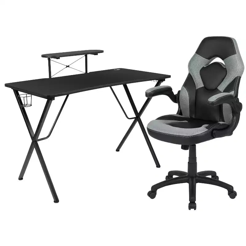 Bureau de jeu et chaise de course avec porte-gobelet, support de casque et support pour écran/smartphone