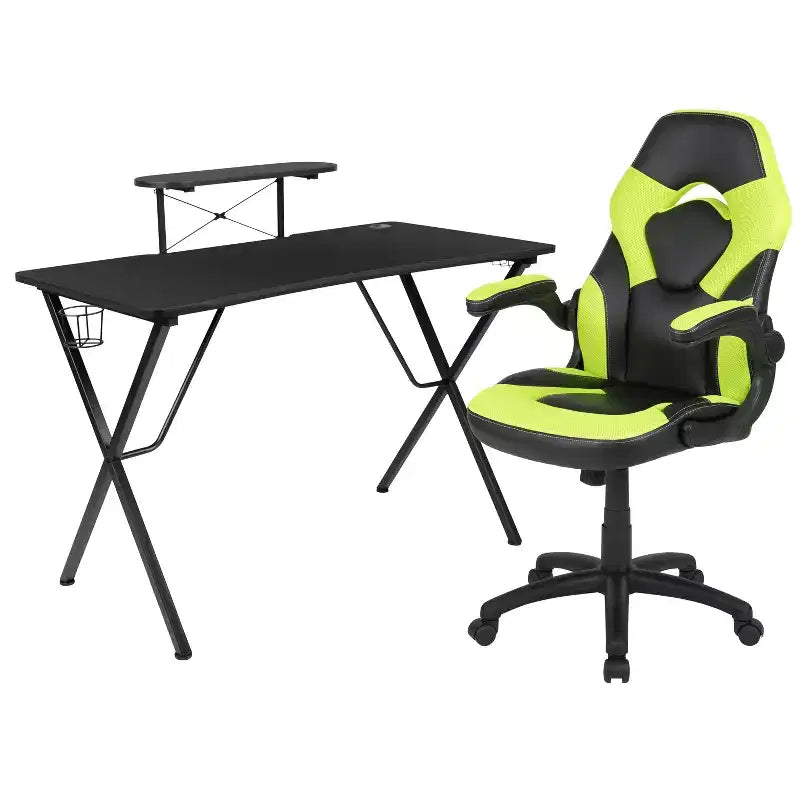 Bureau de jeu et chaise de course avec porte-gobelet, support de casque et support pour écran/smartphone