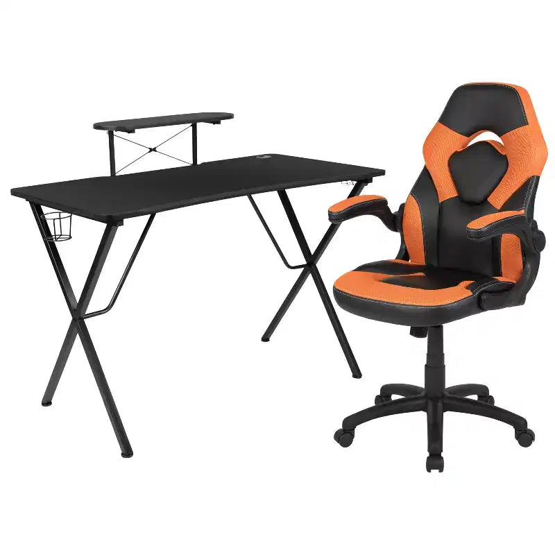 Bureau de jeu et chaise de course avec porte-gobelet, support de casque et support pour écran/smartphone