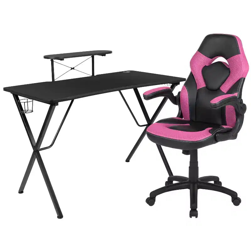 Bureau de jeu et chaise de course avec porte-gobelet, support de casque et support pour écran/smartphone
