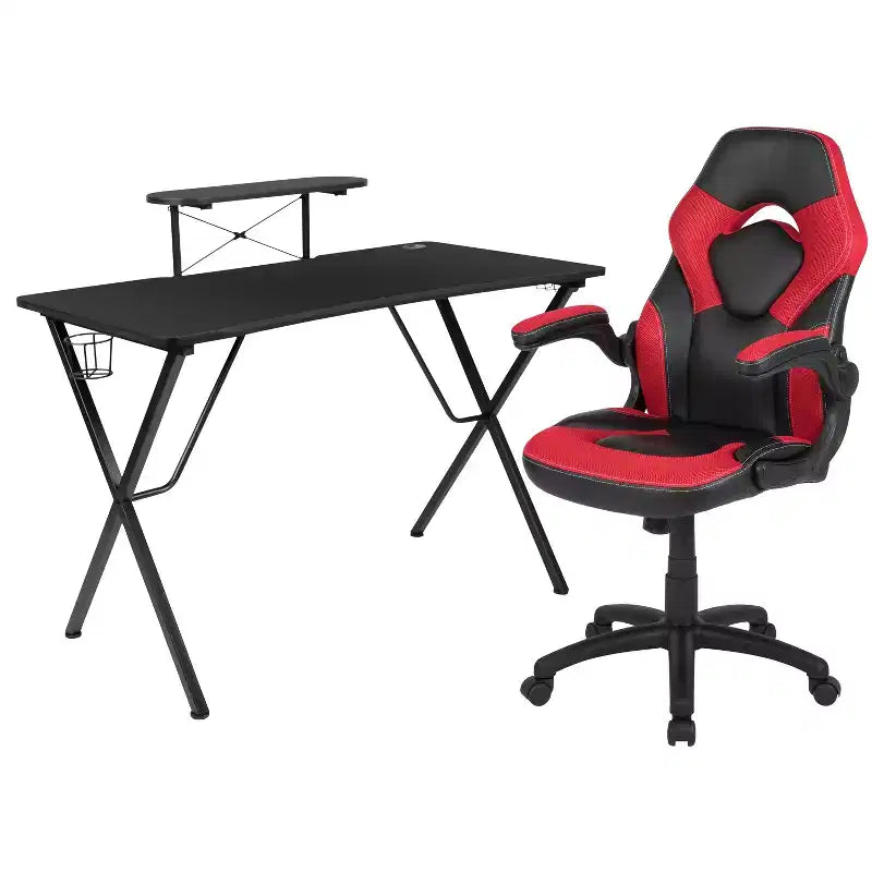 Bureau de jeu et chaise de course avec porte-gobelet, support de casque et support pour écran/smartphone